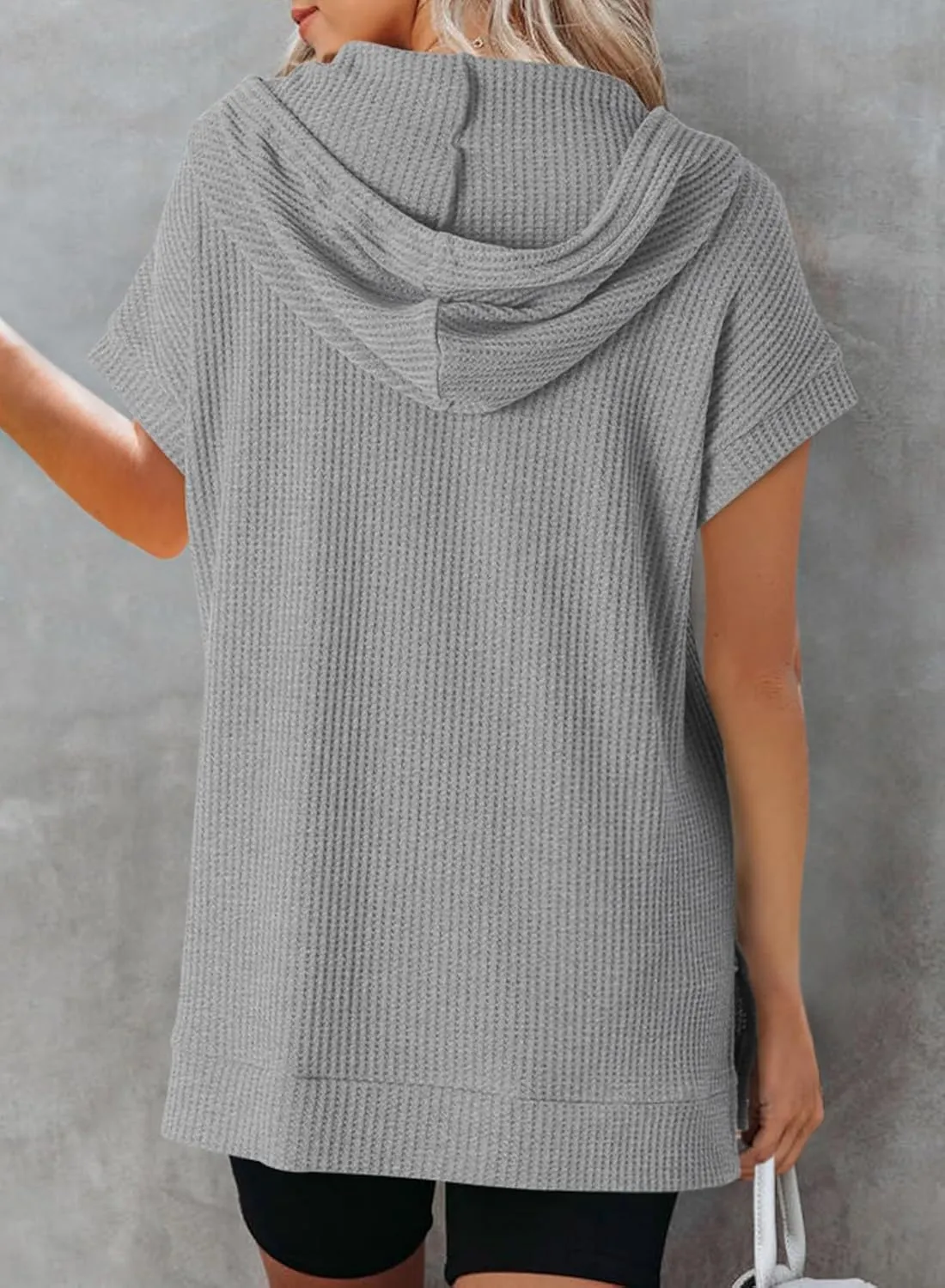 Dokotoo Womens Summer Oversized Shirts 2025 Short Sleeve Drawstring Hoodies Waffle Knit Side Slit Tunic Tops with Pocket