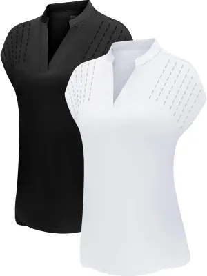DOTIN Womens 2 Pack Golf Polo Shirts Short Sleeve V Neck Collared Quick Dry Tennis Sports Shirts Workout Tops
