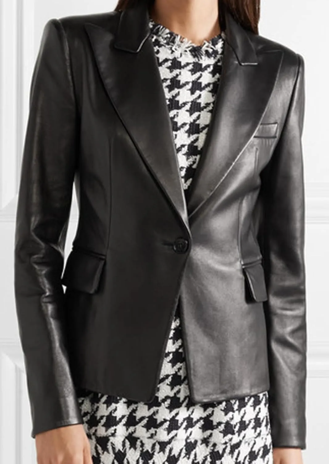 Double Breasted Corporate Blazer Coat for Women Real Lambskin Sooty Black Jacket for Office Meeting