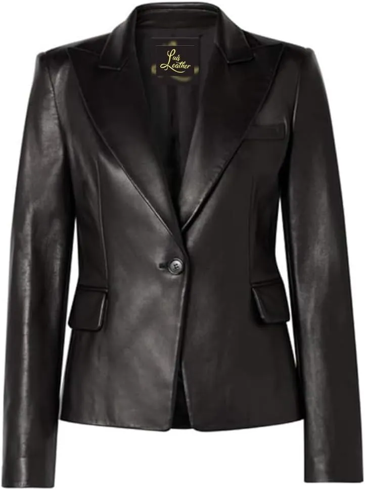 Double Breasted Corporate Blazer Coat for Women Real Lambskin Sooty Black Jacket for Office Meeting