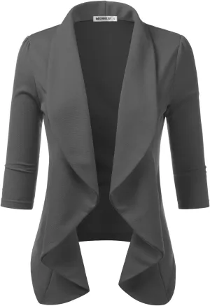 DOUBLJU Lightweight Thin 3/4 Sleeve Open Front Blazer Business Casual Deconstructed Jackets for Womens Clothes with Plus Size