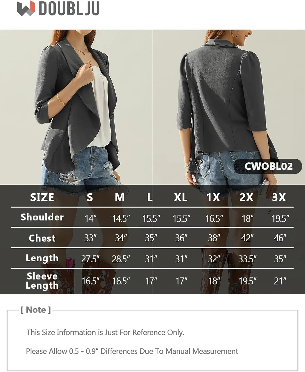 DOUBLJU Lightweight Thin 3/4 Sleeve Open Front Blazer Business Casual Deconstructed Jackets for Womens Clothes with Plus Size