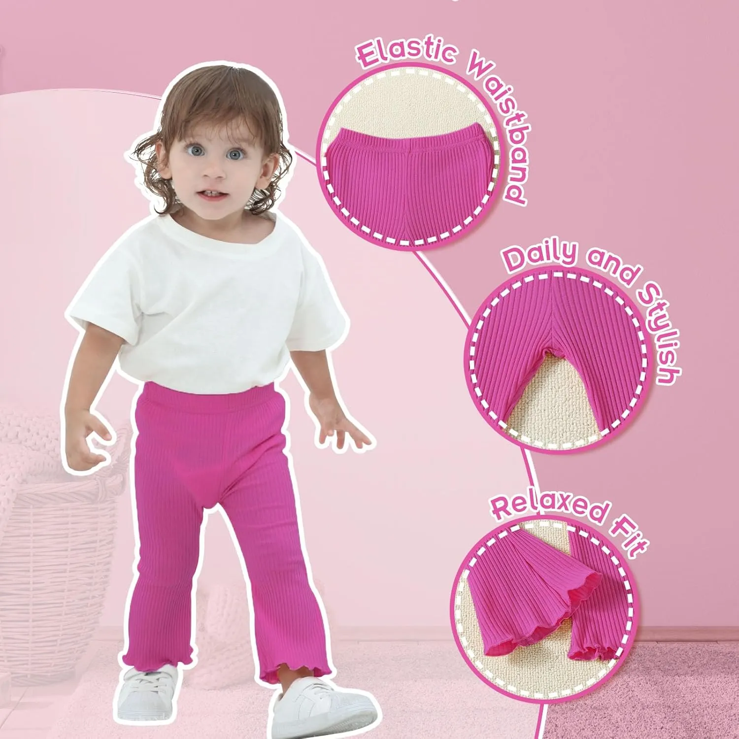 DREAM BUS 3 Pack Baby Girl Pants Toddler Leggings Solid Ribbed Cotton Baby Girls Flare Pants Toddler Bell Bottoms