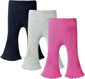 DREAM BUS 3 Pack Baby Girl Pants Toddler Leggings Solid Ribbed Cotton Baby Girls Flare Pants Toddler Bell Bottoms