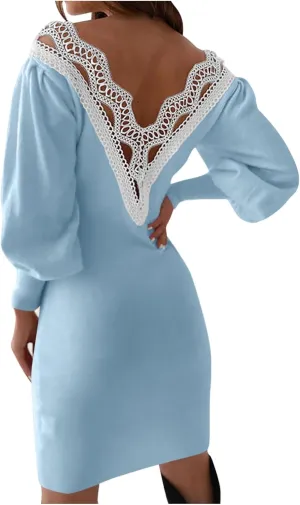 Dresses for Women Lace Crochet Sexy V Neck Backless Bodycon Lantern Sleeve A-Line Mini Dress 2025 Fashion Outfits