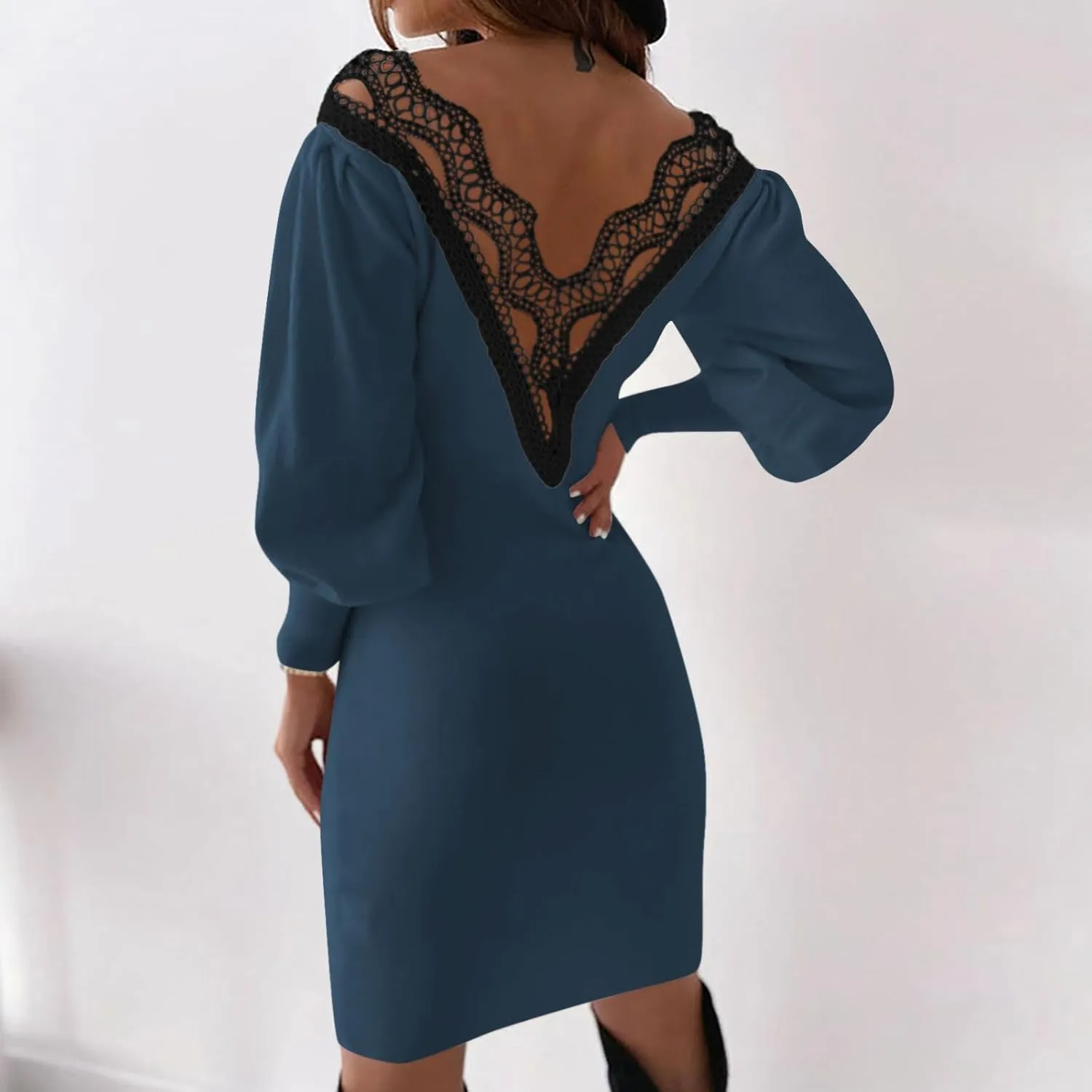 Dresses for Women Lace Crochet Sexy V Neck Backless Bodycon Lantern Sleeve A-Line Mini Dress 2025 Fashion Outfits