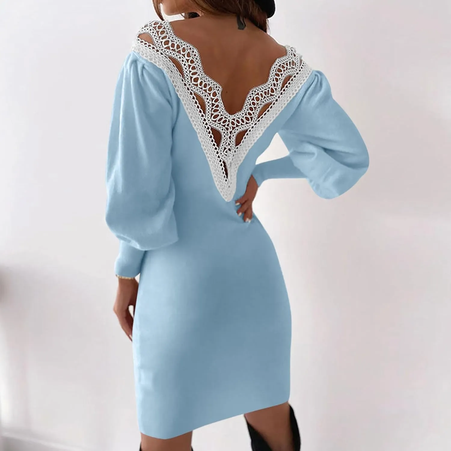 Dresses for Women Lace Crochet Sexy V Neck Backless Bodycon Lantern Sleeve A-Line Mini Dress 2025 Fashion Outfits