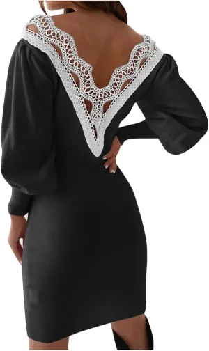 Dresses for Women Lace Crochet Sexy V Neck Backless Bodycon Lantern Sleeve A-Line Mini Dress 2025 Fashion Outfits