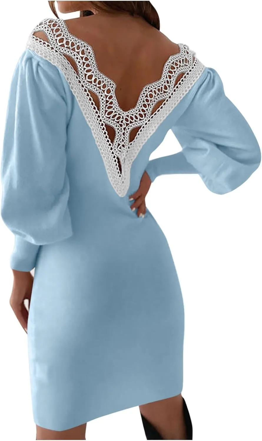 Dresses for Women Lace Crochet Sexy V Neck Backless Bodycon Lantern Sleeve A-Line Mini Dress 2025 Fashion Outfits