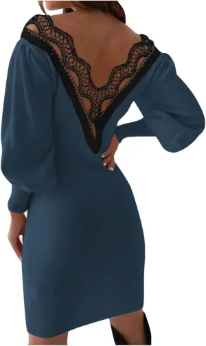 Dresses for Women Lace Crochet Sexy V Neck Backless Bodycon Lantern Sleeve A-Line Mini Dress 2025 Fashion Outfits