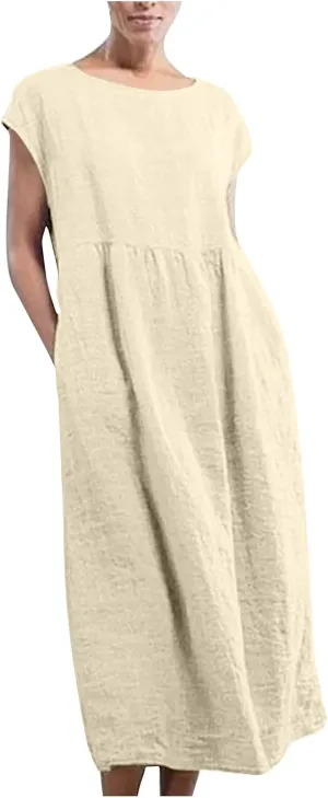 Dresses for Women Sleeveless Round Neck Cotton Linen Solid Color Maxi Dress Causal Trendy Vintage Long Dresses 2025
