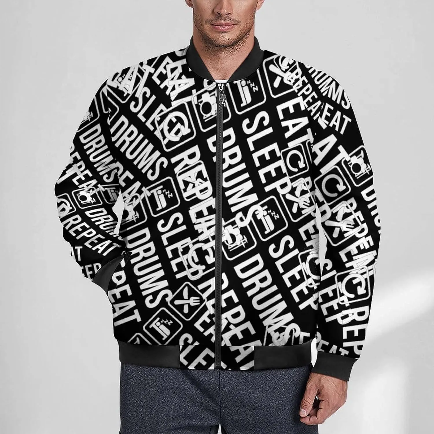 EAT Sleep Drum Repeat Men's Bomber Jacket Lightweight Windbreaker Fashion Spring Fall Coats Casual Jackets for Men