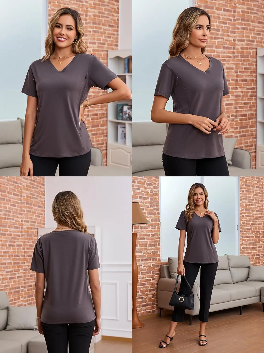Ecavus Women's Nursing Shirts 3-Pack V Neck Breastfeeding Shirts with Hidden Zipper Short Sleeve Loose Fit Nursing Tops