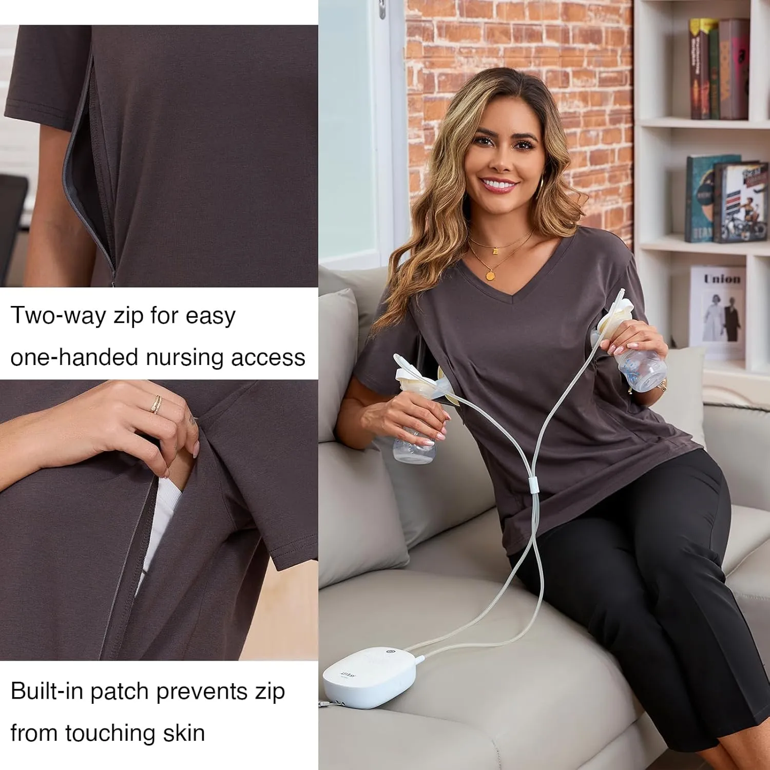 Ecavus Women's Nursing Shirts 3-Pack V Neck Breastfeeding Shirts with Hidden Zipper Short Sleeve Loose Fit Nursing Tops