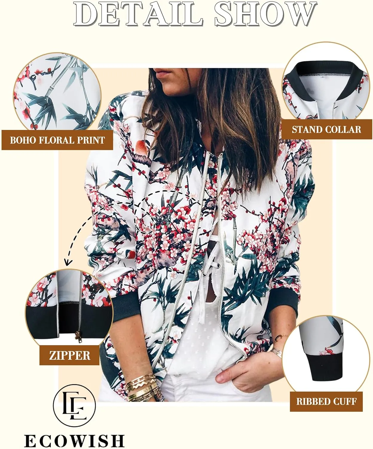 ECOWISH Women's Casual Floral Zip Up Bomber Jacket Coat Lightweight Short Camo No Lining Outwear Tops Windbreaker with Pocket
