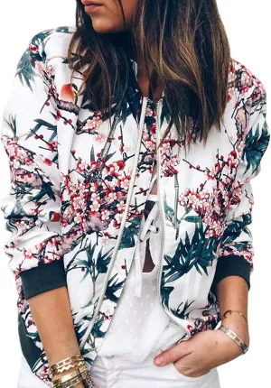 ECOWISH Women's Casual Floral Zip Up Bomber Jacket Coat Lightweight Short Camo No Lining Outwear Tops Windbreaker with Pocket