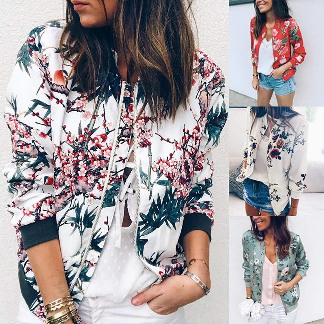 ECOWISH Women's Casual Floral Zip Up Bomber Jacket Coat Lightweight Short Camo No Lining Outwear Tops Windbreaker with Pocket