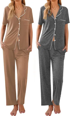 Ekouaer 2 PackWomens Pajamas Short Sleeve Pjs Notch Collar Button Up Loungewear Cozy Sleepwear Sets