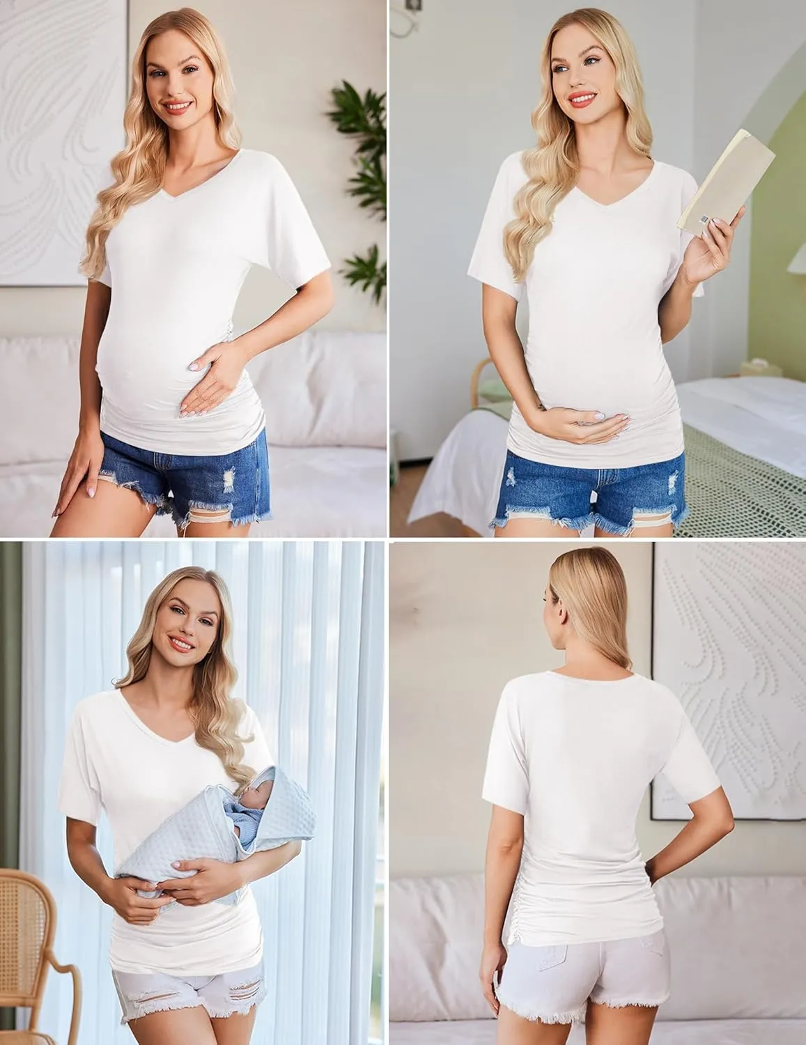 Ekouaer 3 Pack Maternity Shirts V Neck Dolman Sleeve Side Ruched Pregnancy Tops Tunic Blouse