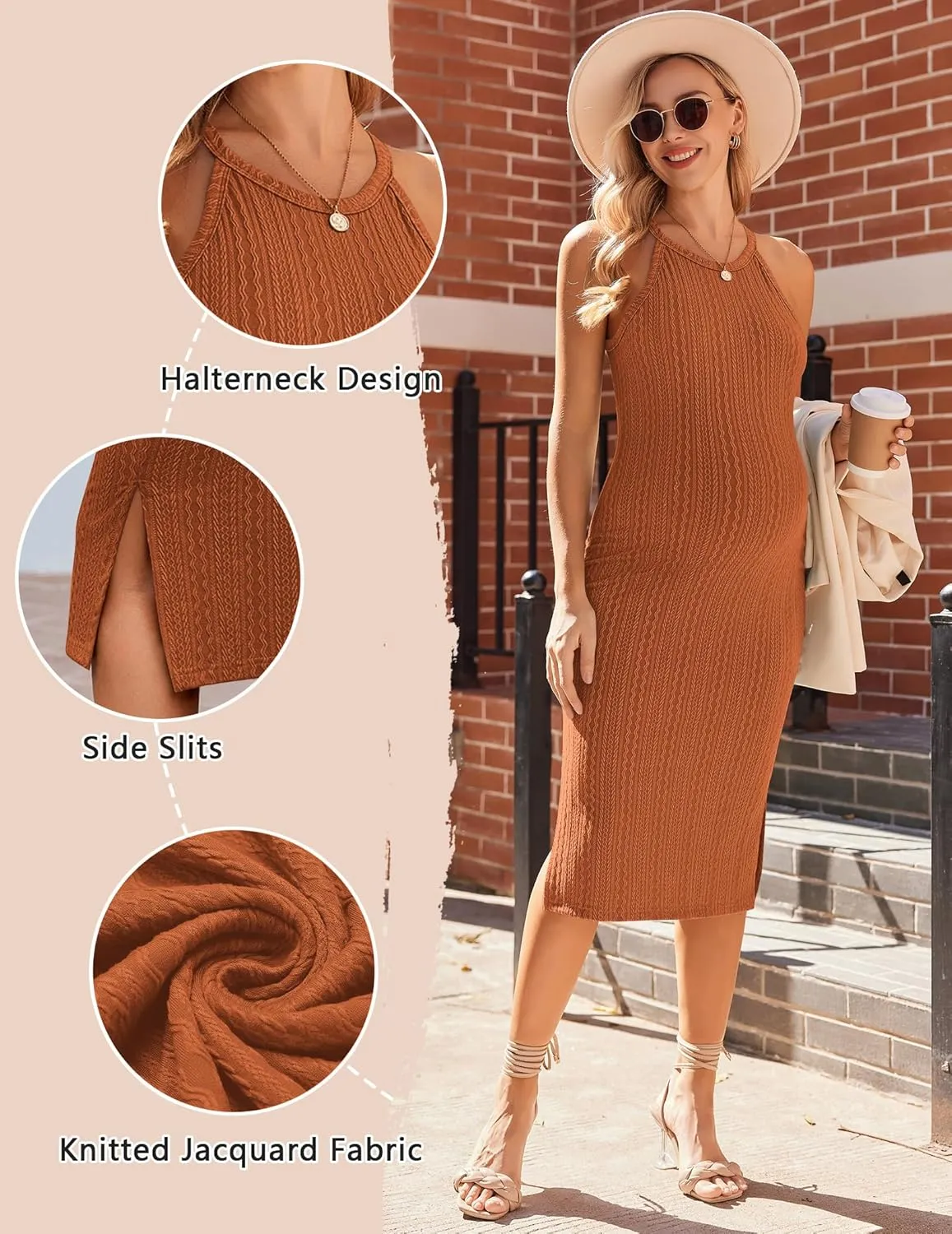 Ekouaer Maternity Dress Rib Knit Side Slit Stretchy Bodycon Pregnancy Dresses Halter Neck Sleeveless Pregnant Clothes