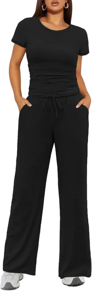 Ekouaer Women's 2 Piece Lounge Sets Ruched Short Sleeve Top and Wide Leg Pants Loungewear Tracksuit Sets with Pockets