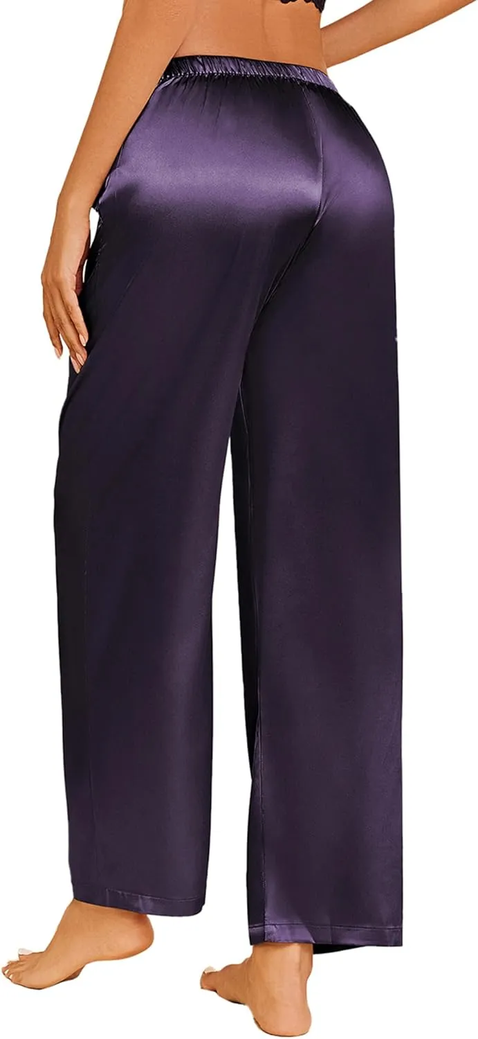Ekouaer Womens Silk Satin Pajama Pants Casual Loose Lounge Pants Drawstring Elastic Waist Wide Leg Pj Bottoms with Pockets