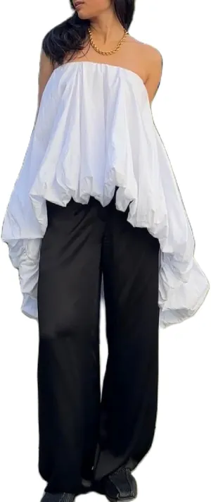 Elegant Woman Solid Strapless Bubble Shirt High Low a-Line Ruffle Tube Top Boat Neck Puff Flowy Long Top Party