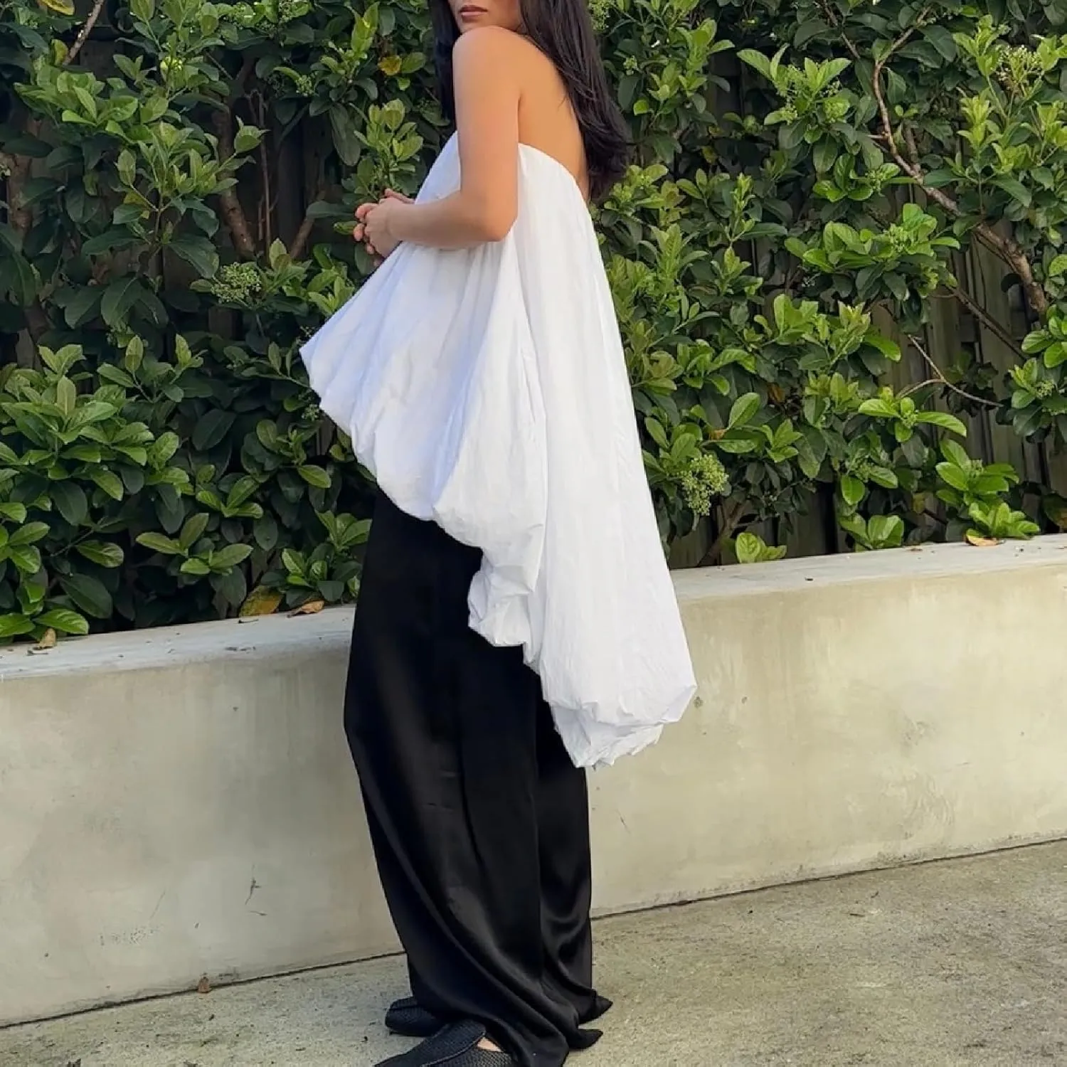 Elegant Woman Solid Strapless Bubble Shirt High Low a-Line Ruffle Tube Top Boat Neck Puff Flowy Long Top Party