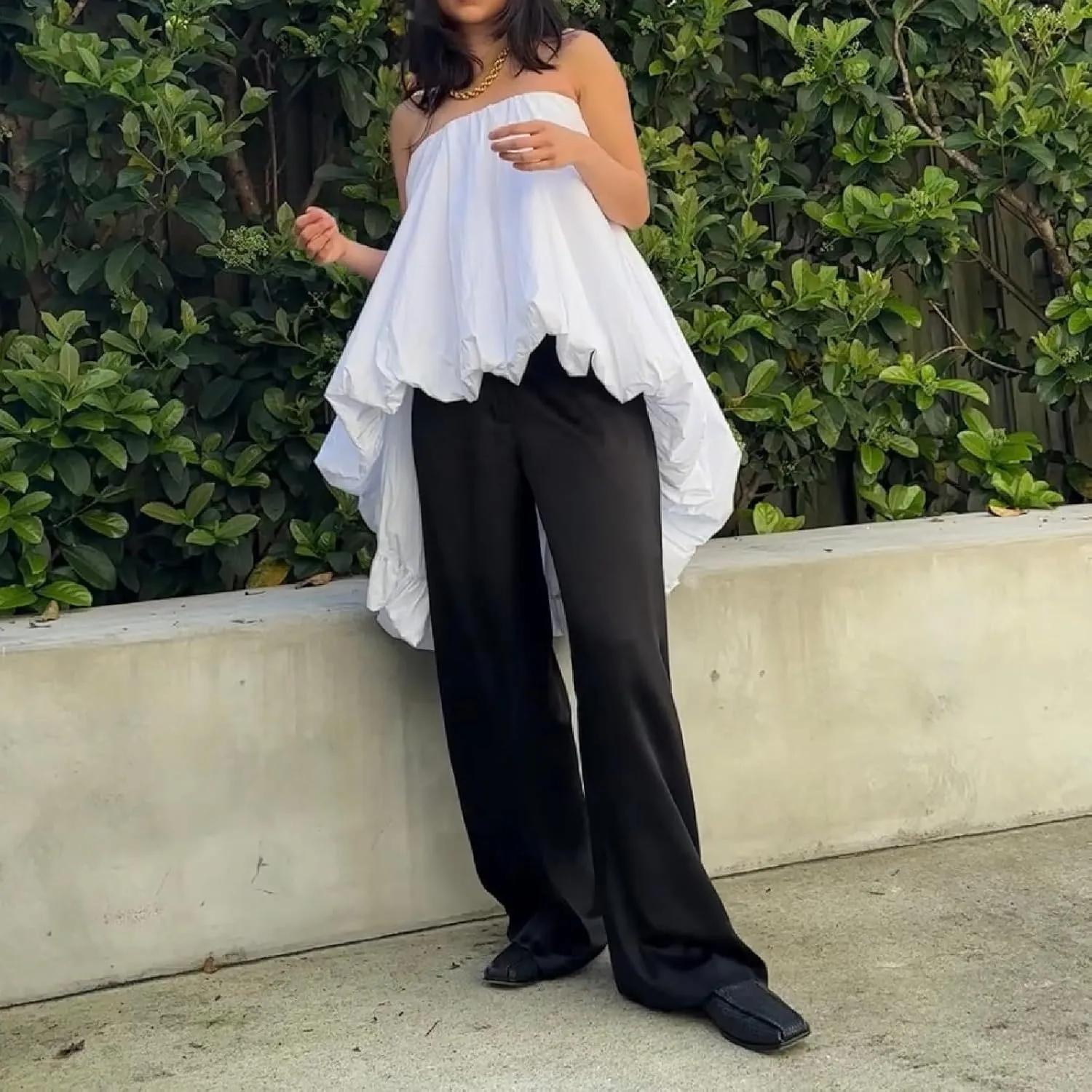 Elegant Woman Solid Strapless Bubble Shirt High Low a-Line Ruffle Tube Top Boat Neck Puff Flowy Long Top Party