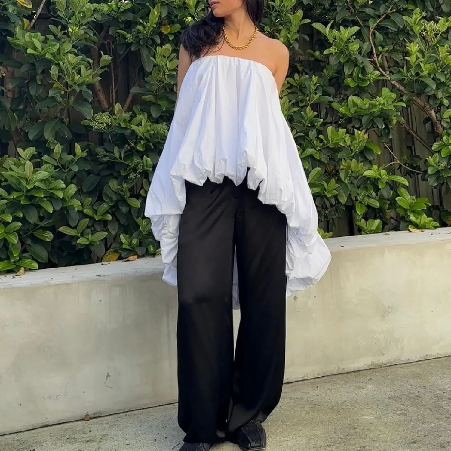 Elegant Woman Solid Strapless Bubble Shirt High Low a-Line Ruffle Tube Top Boat Neck Puff Flowy Long Top Party