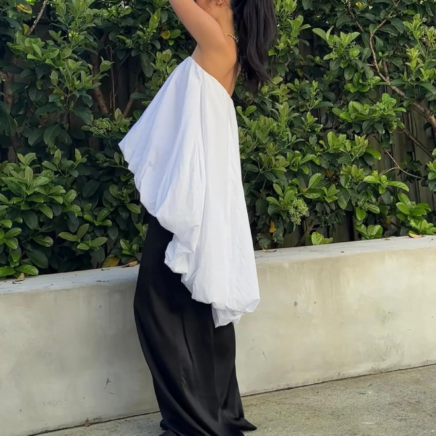 Elegant Woman Solid Strapless Bubble Shirt High Low a-Line Ruffle Tube Top Boat Neck Puff Flowy Long Top Party