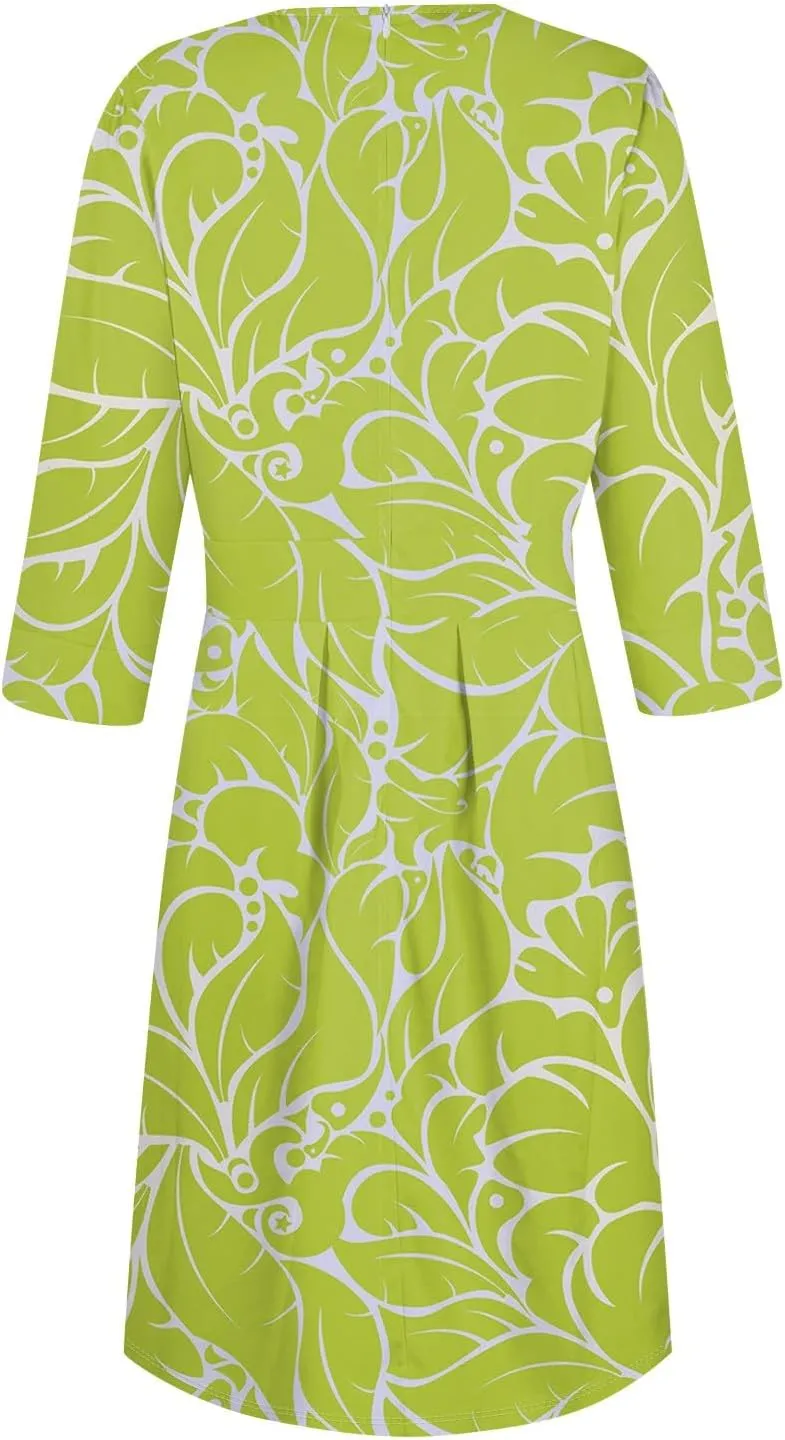 Elegant Women's Floral Print A-Line Midi Dress with 3/4 Sleeves Perfect for Casual and Formal Occasions