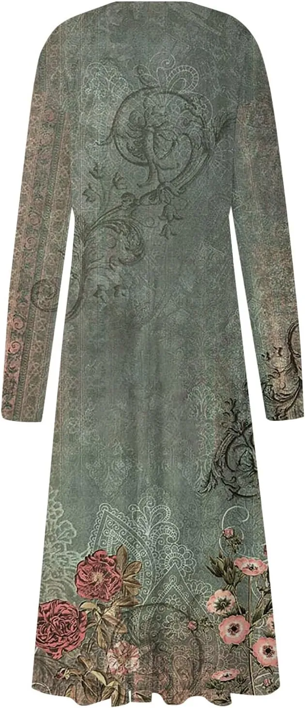 Elegant Women's Long Sleeve Floral Print V-Neck A-Line Midi Dress Perfect for Casual and Formal Occasions