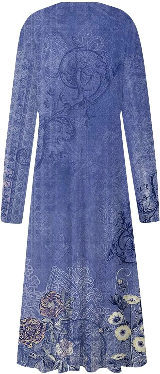 Elegant Women's Long Sleeve Floral Print V-Neck A-Line Midi Dress Perfect for Casual and Formal Occasions
