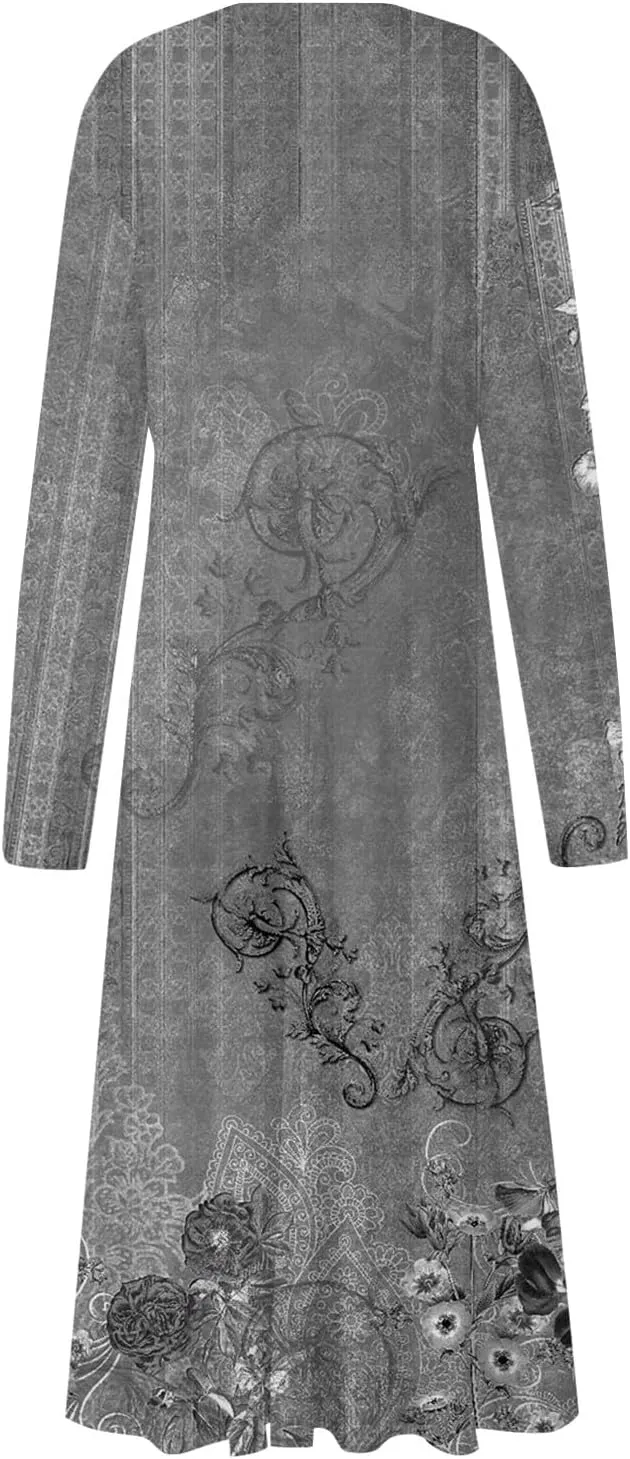 Elegant Women's Long Sleeve Floral Print V-Neck A-Line Midi Dress Perfect for Casual and Formal Occasions