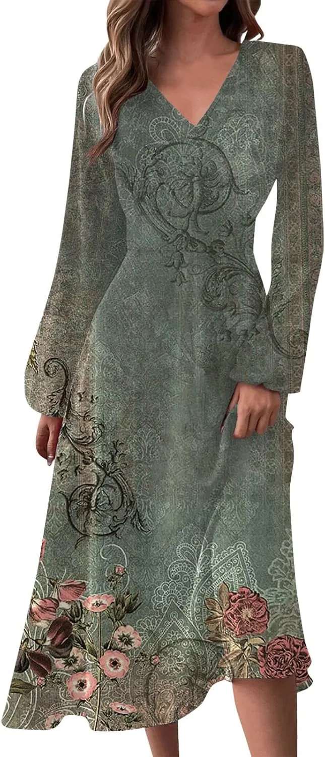 Elegant Women's Long Sleeve Floral Print V-Neck A-Line Midi Dress Perfect for Casual and Formal Occasions