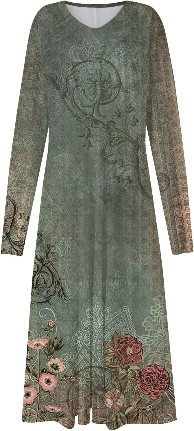 Elegant Women's Long Sleeve Floral Print V-Neck A-Line Midi Dress Perfect for Casual and Formal Occasions