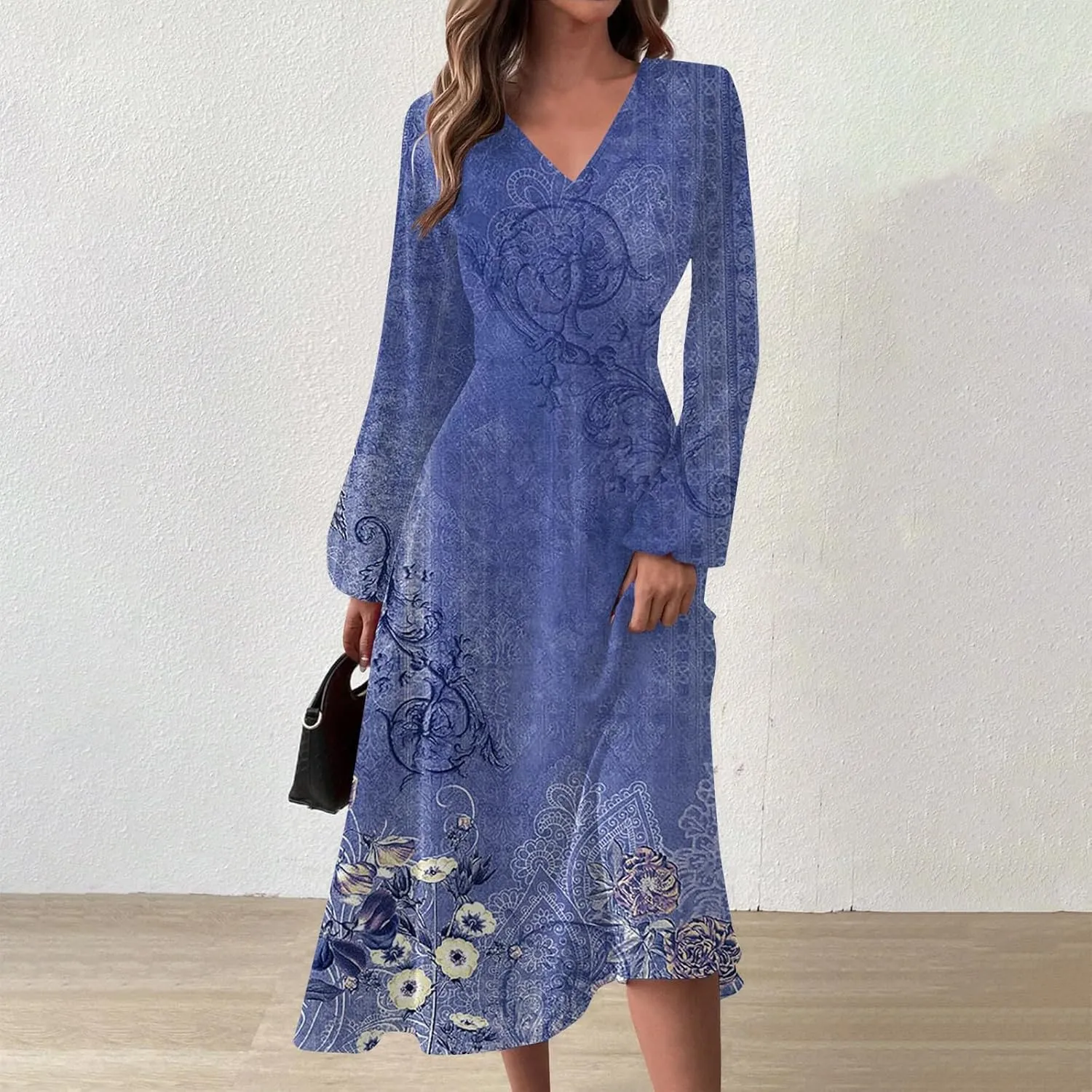 Elegant Women's Long Sleeve Floral Print V-Neck A-Line Midi Dress Perfect for Casual and Formal Occasions