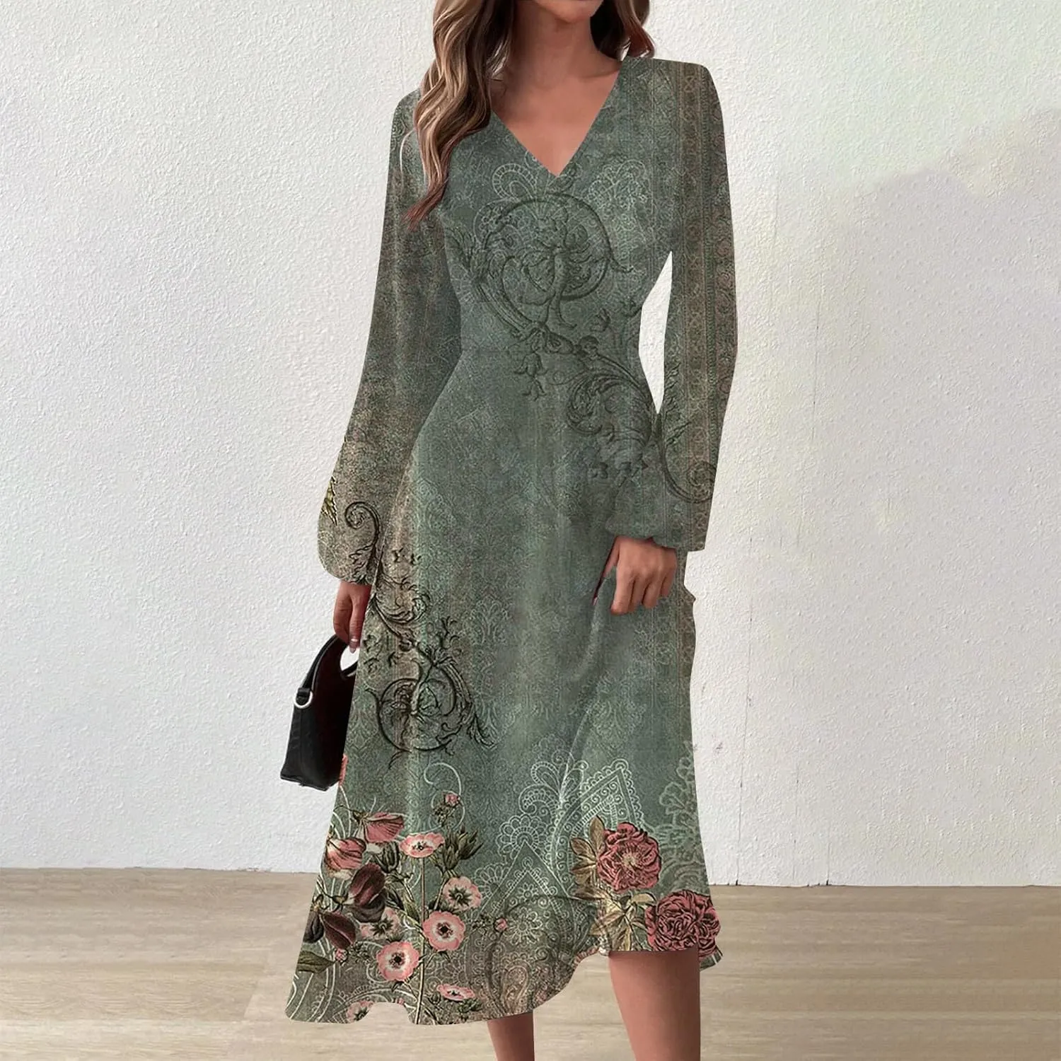 Elegant Women's Long Sleeve Floral Print V-Neck A-Line Midi Dress Perfect for Casual and Formal Occasions