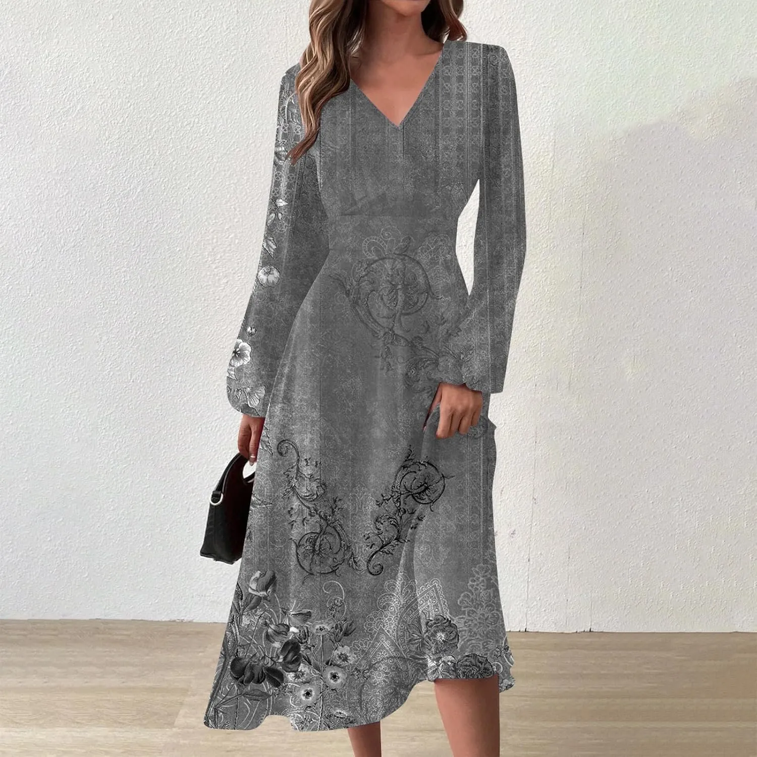 Elegant Women's Long Sleeve Floral Print V-Neck A-Line Midi Dress Perfect for Casual and Formal Occasions