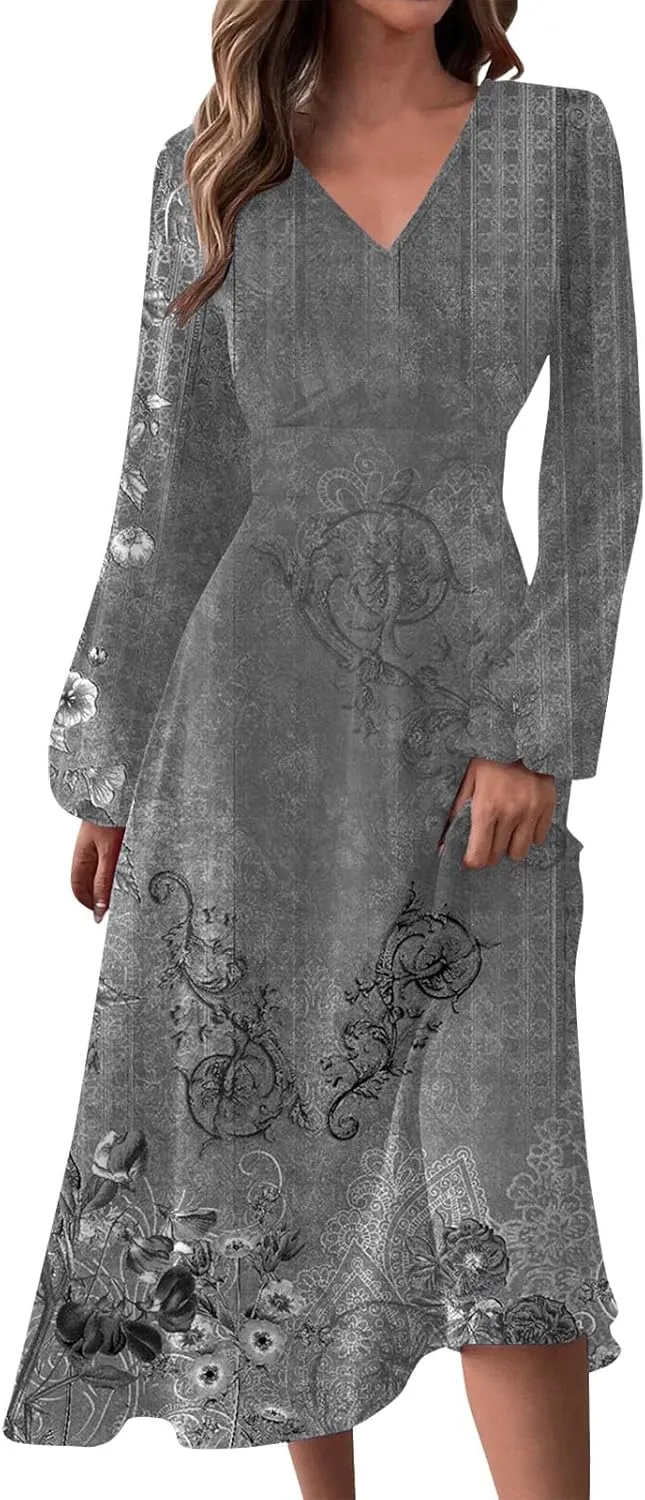 Elegant Women's Long Sleeve Floral Print V-Neck A-Line Midi Dress Perfect for Casual and Formal Occasions