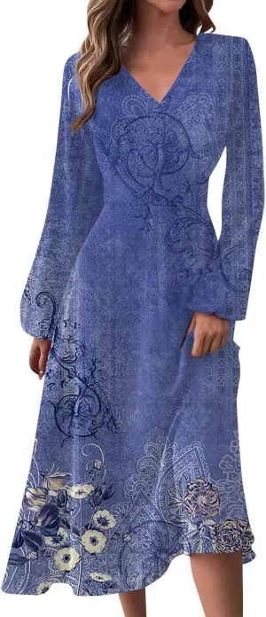 Elegant Women's Long Sleeve Floral Print V-Neck A-Line Midi Dress Perfect for Casual and Formal Occasions