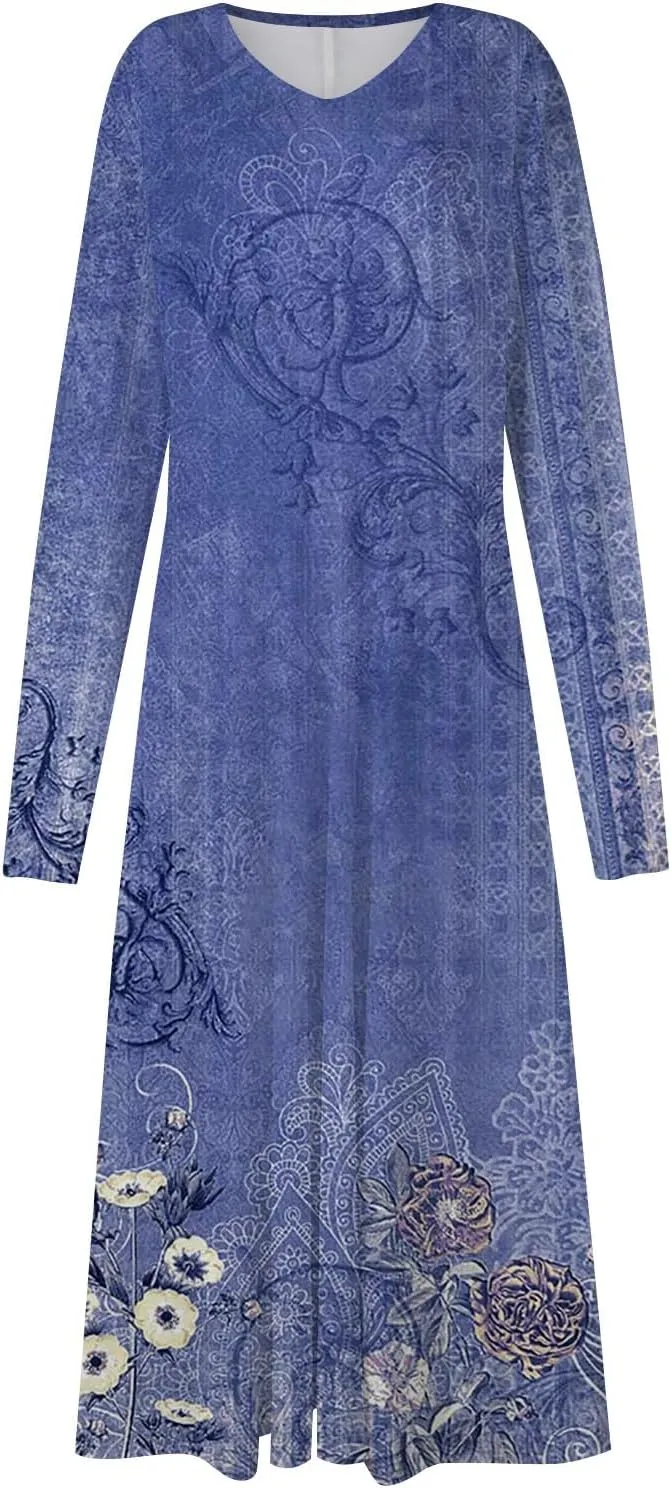 Elegant Women's Long Sleeve Floral Print V-Neck A-Line Midi Dress Perfect for Casual and Formal Occasions