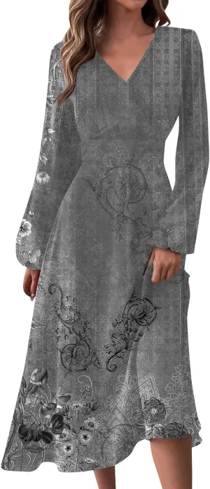Elegant Women's Long Sleeve Floral Print V-Neck A-Line Midi Dress Perfect for Casual and Formal Occasions