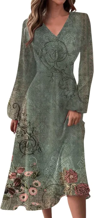 Elegant Women's Long Sleeve Floral Print V-Neck A-Line Midi Dress Perfect for Casual and Formal Occasions