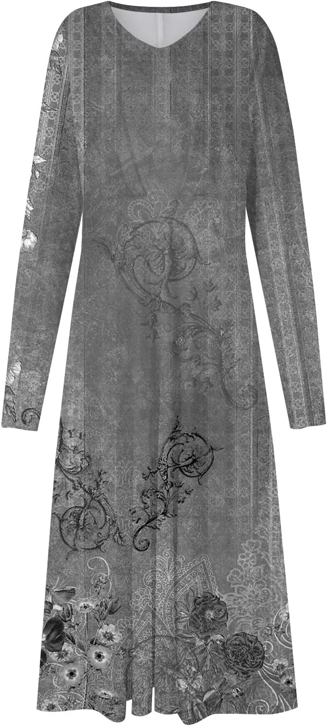 Elegant Women's Long Sleeve Floral Print V-Neck A-Line Midi Dress Perfect for Casual and Formal Occasions