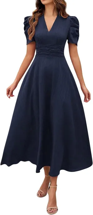 Elegant Women's Vintage A-Line Midi Dress with Puff Sleeves and V-Neck for Party, Wedding, Evening Outfits