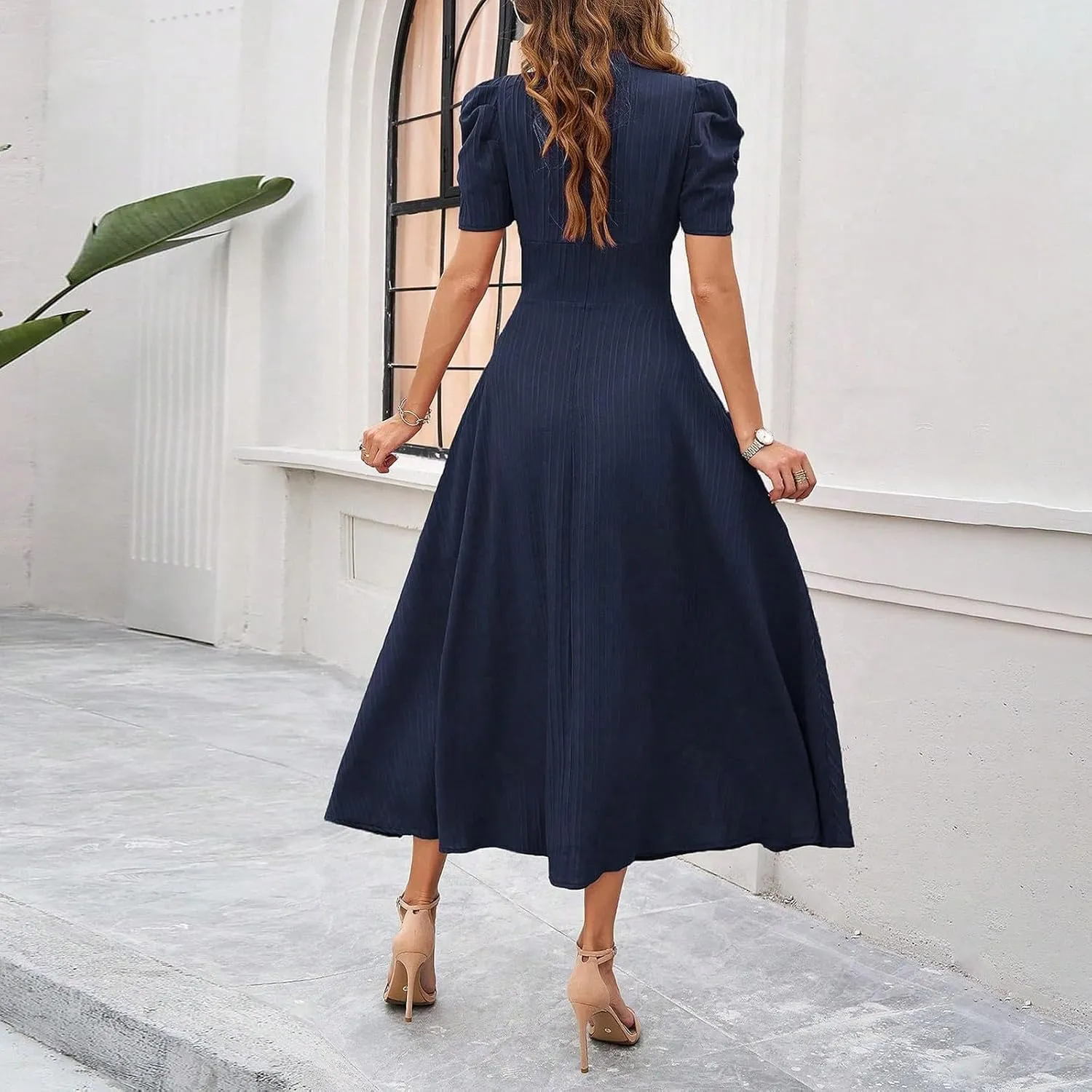 Elegant Women's Vintage A-Line Midi Dress with Puff Sleeves and V-Neck for Party, Wedding, Evening Outfits