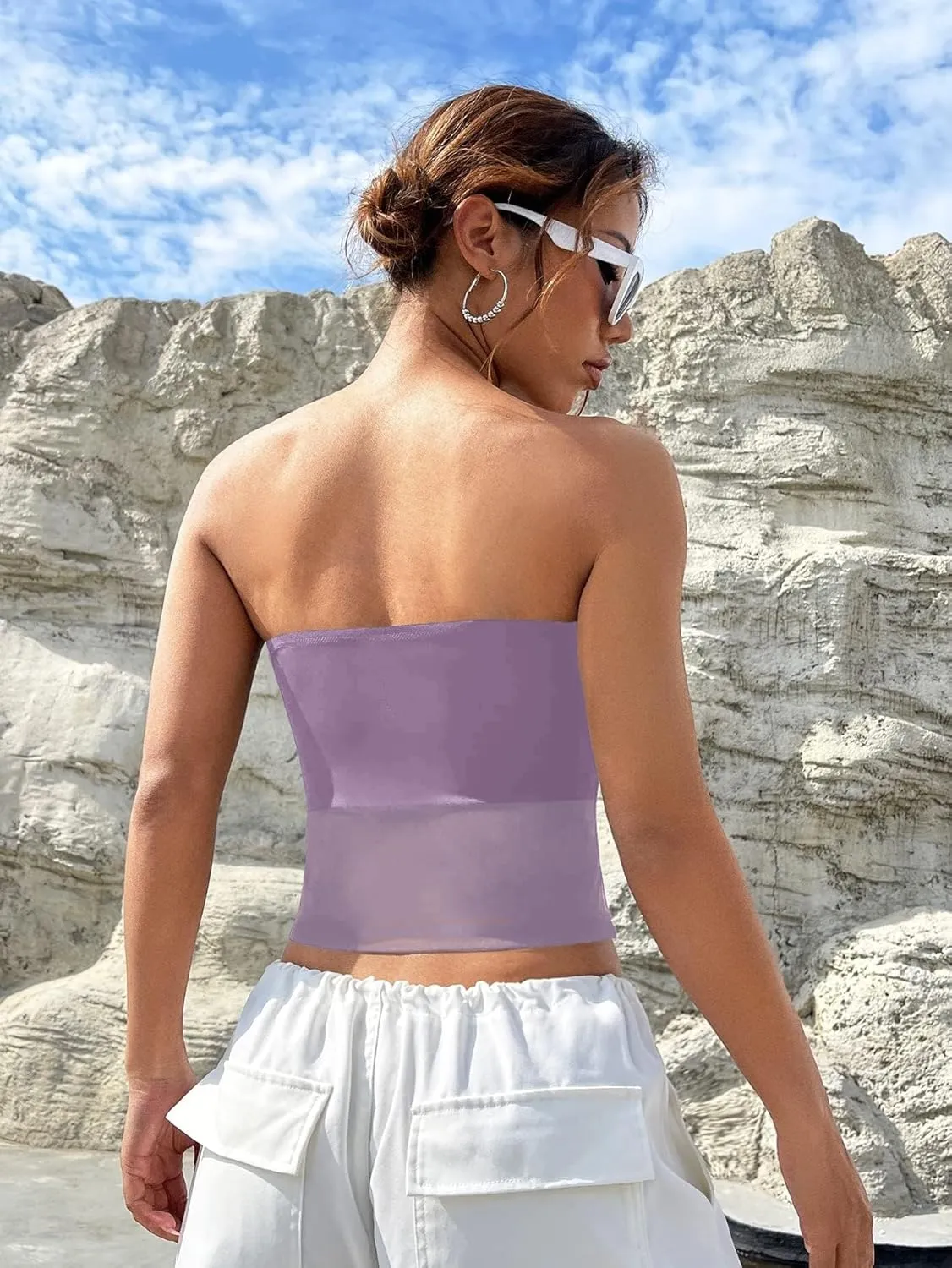 EMMIOL Tube Tops for Women Sexy See Through Y2K Tops Sheer Mesh Stretchy Bandeau Top Going Out Strapless Top