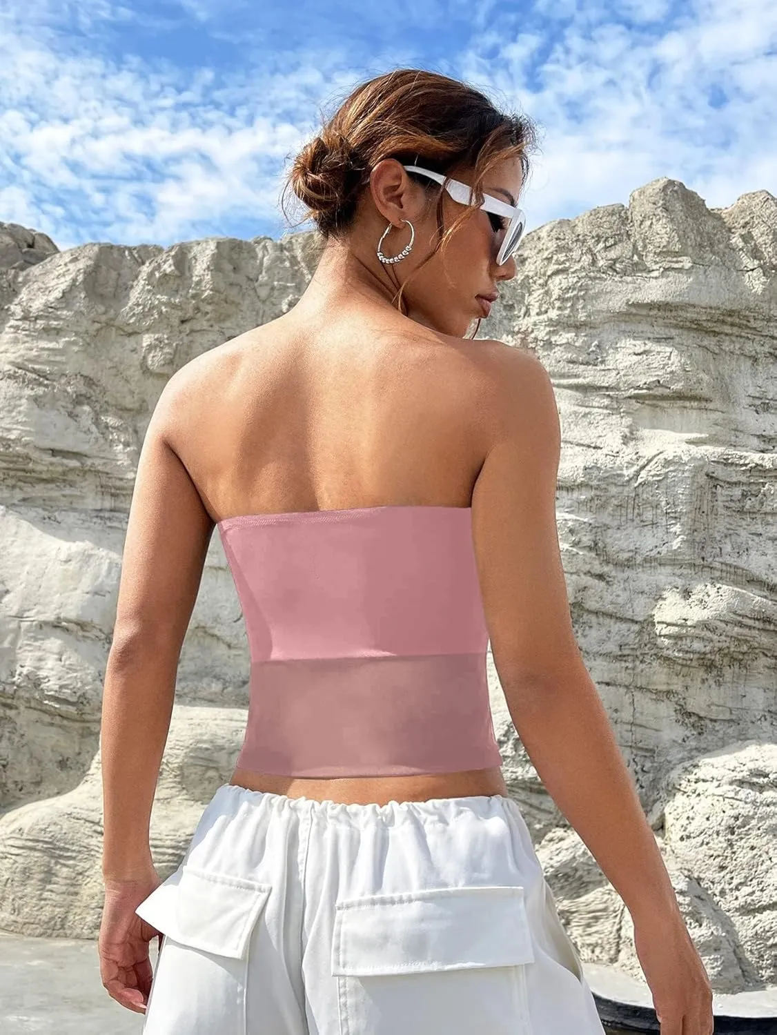 EMMIOL Tube Tops for Women Sexy See Through Y2K Tops Sheer Mesh Stretchy Bandeau Top Going Out Strapless Top